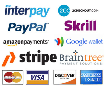 interpay, 2checkout, skrill, amazon payments, google wallet, stripe, braintree, mastercard, visa, discover, american express